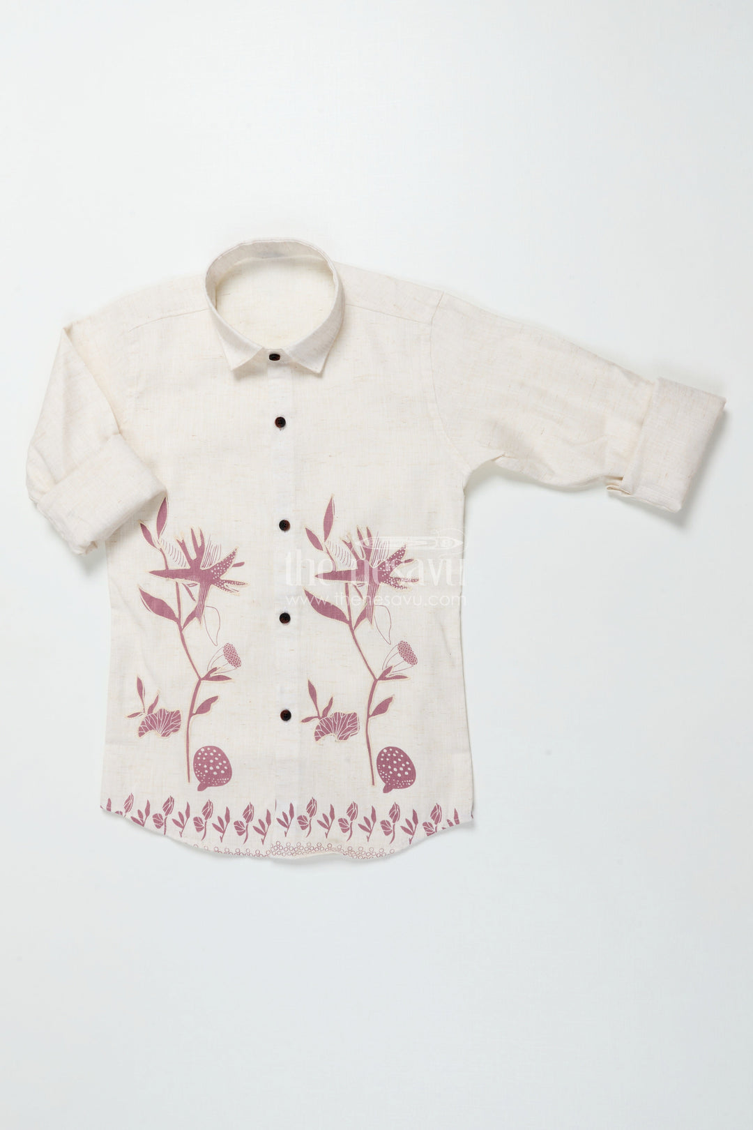 Boys Cream and Brown Floral Embroidered Shirt Festive Ethnic Cotton Blend