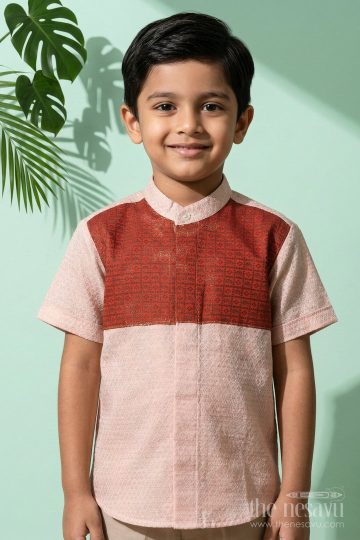 Boys Tissue Silk Shirt with Banarasi Yoke for Special Occasions