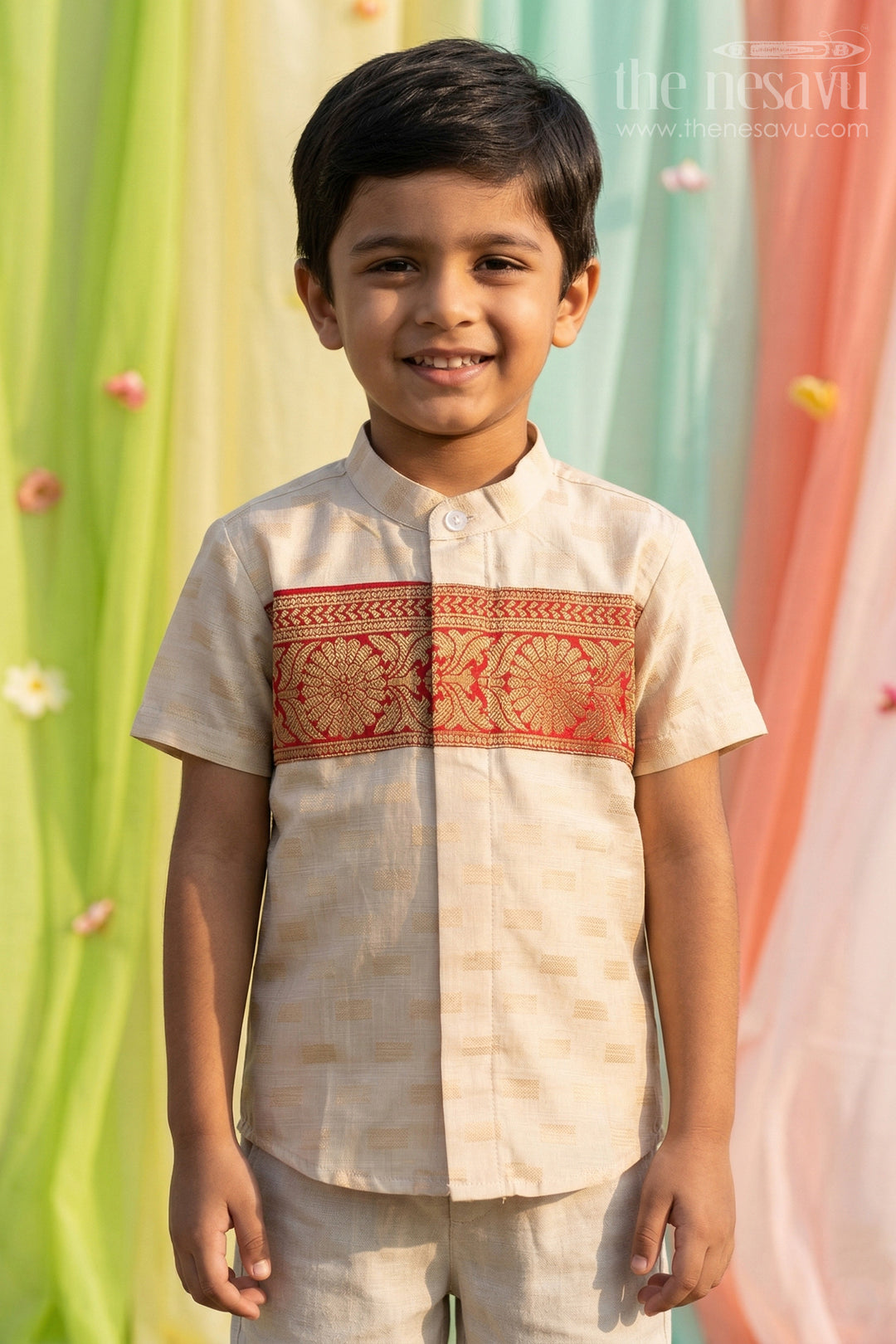 Boys Ethnic Silk Shirt with Banarasi Detailing for Special Occasions