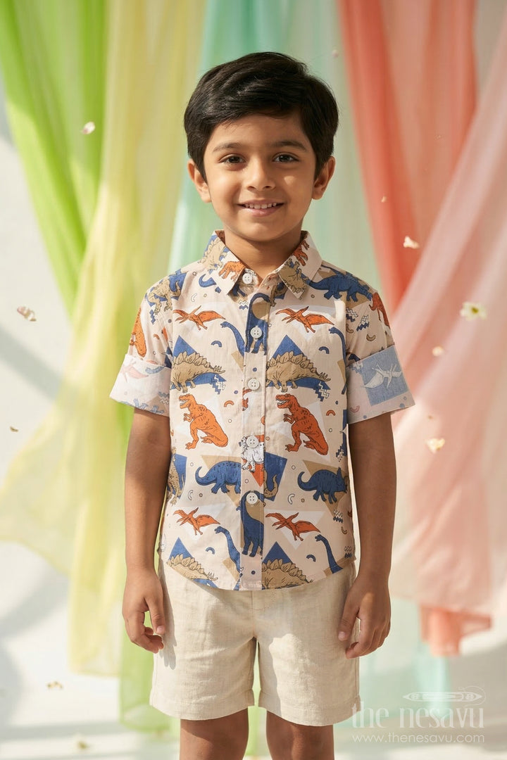 Boys Cotton Shirt for Casual Playtime and Outings with Dinosaur Print