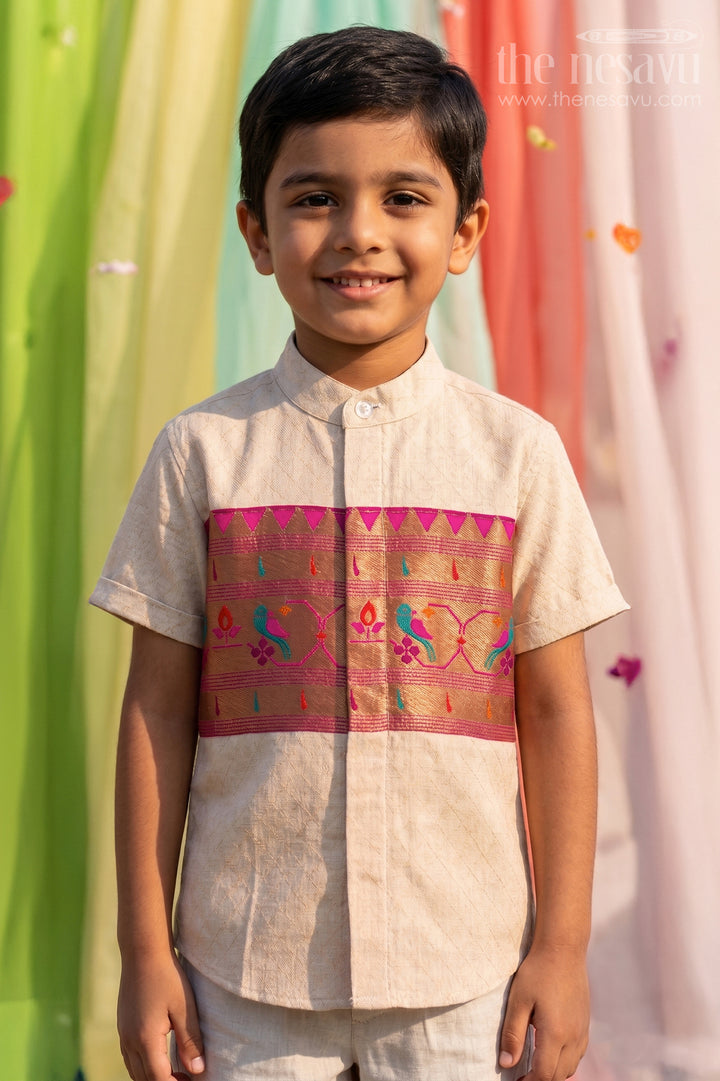 Boys Ethnic Cotton Shirt with Baithani Border for Festive Occasions