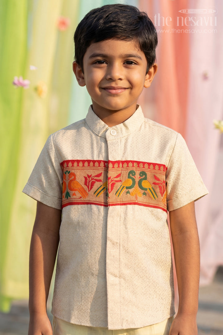 Boys Cotton Shirt with Baithani Border for Festive Occasions and Pooja Wear