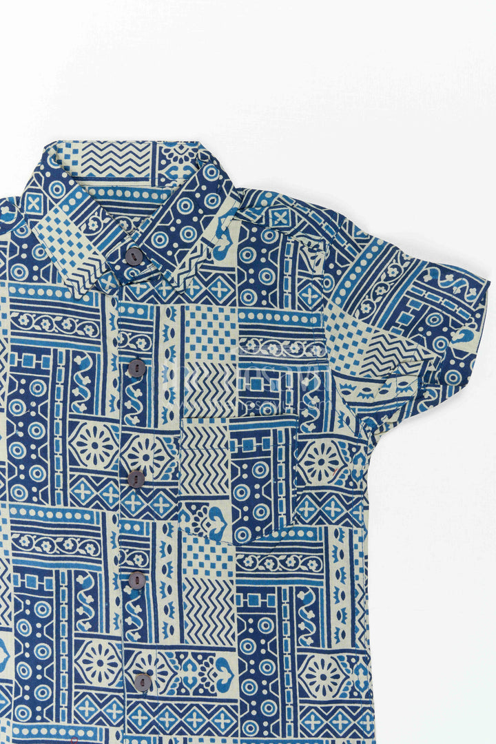 Boys Blue Printed Cotton Shirt for Parties and Casual Wear