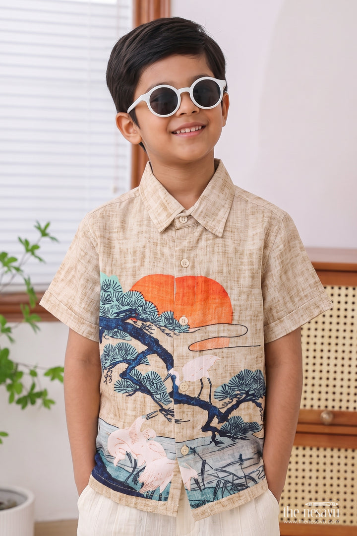 Boys Artistic Print Muslin Shirt for Vacations Parties and Family Outings
