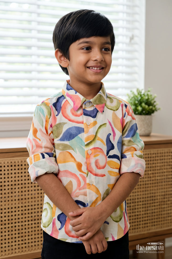 Boys Abstract Print Muslin Shirt for Holidays Birthdays and Creative Casual Wear