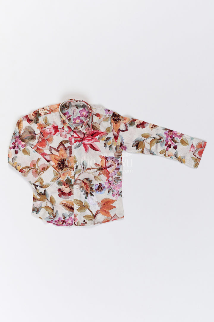 Boys Cotton Shirt in Ivory Multicolour with Botanical Print