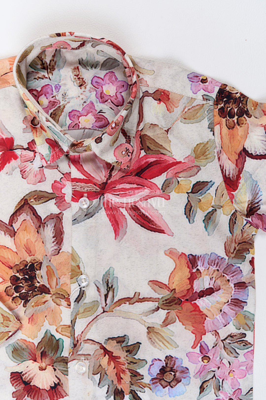 Boys Cotton Shirt in Ivory Multicolour with Botanical Print