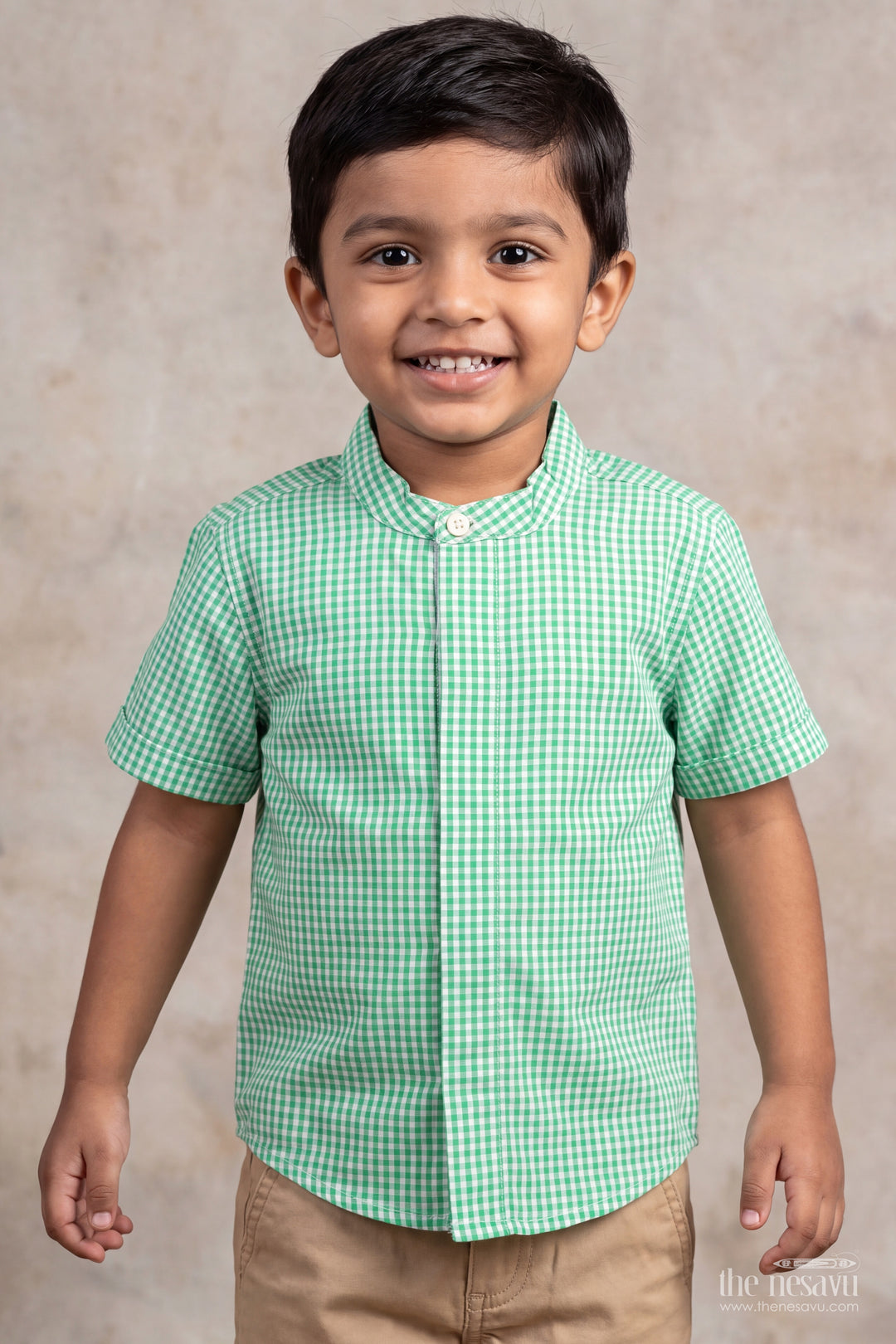 Boys Green Cotton Small Gingham Shirt