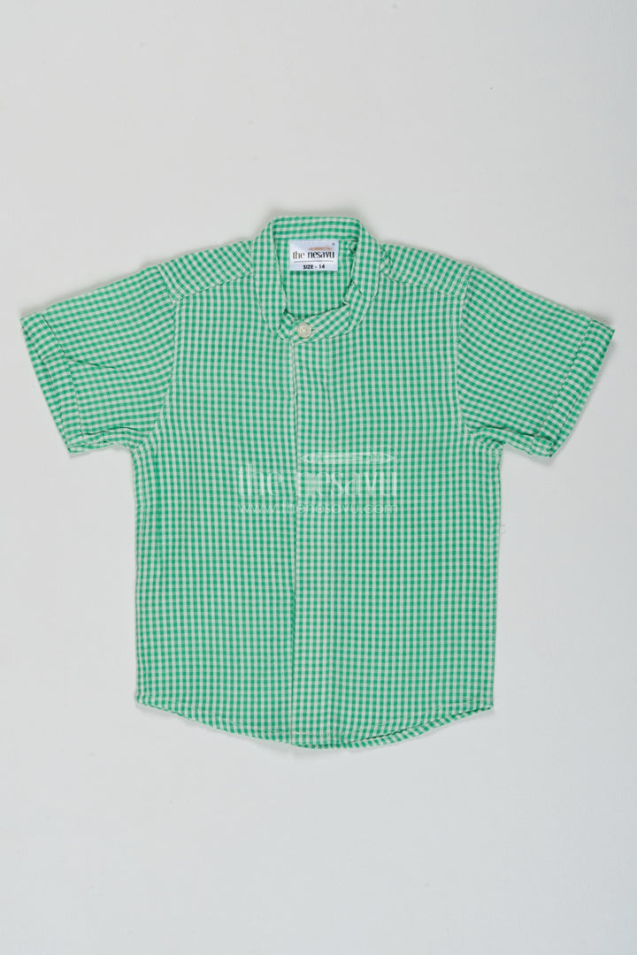 Boys Green Cotton Small Gingham Shirt