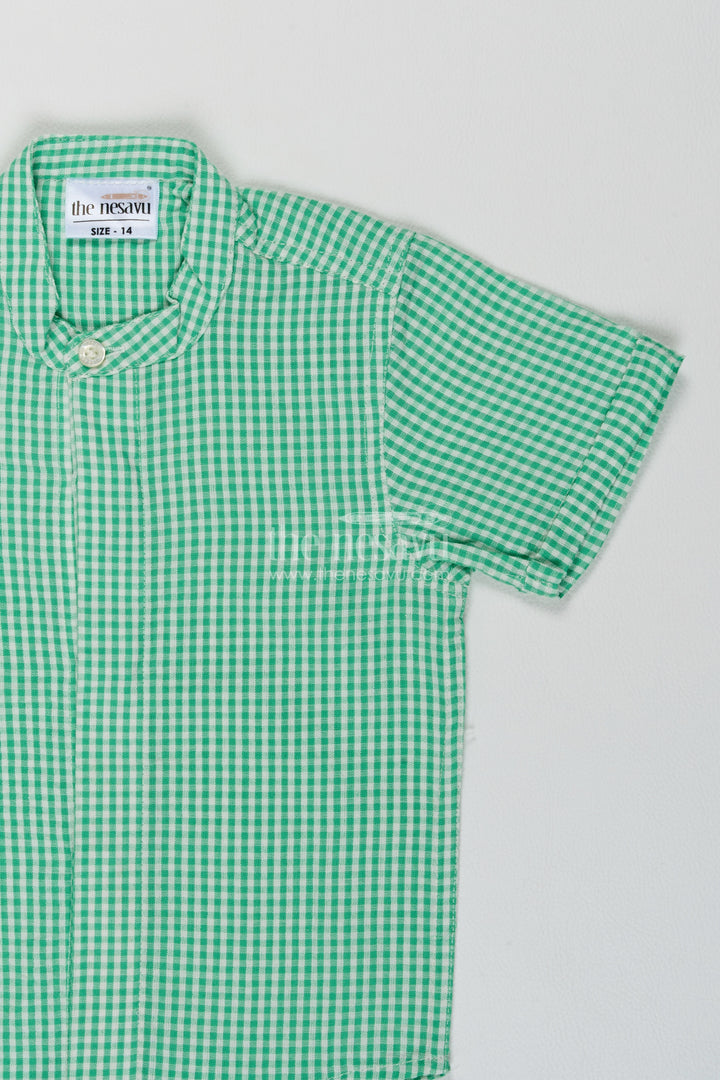 Boys Green Cotton Small Gingham Shirt