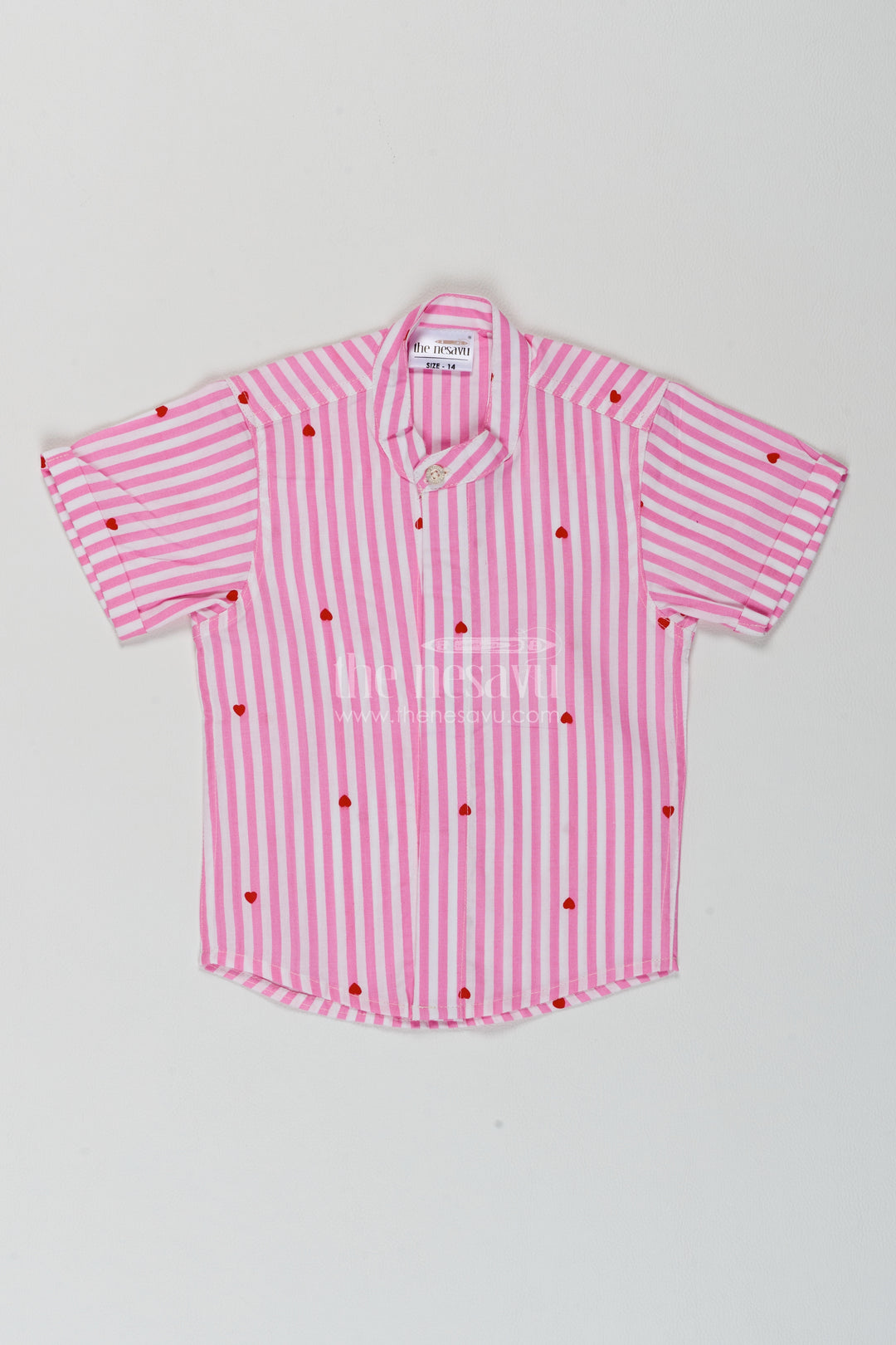 Boys Cotton Shirt in Pink with Red Heart Stripes