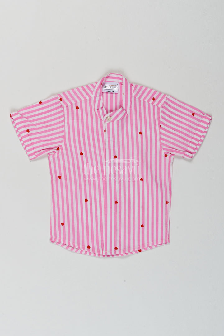 Boys Cotton Shirt in Pink with Red Heart Stripes