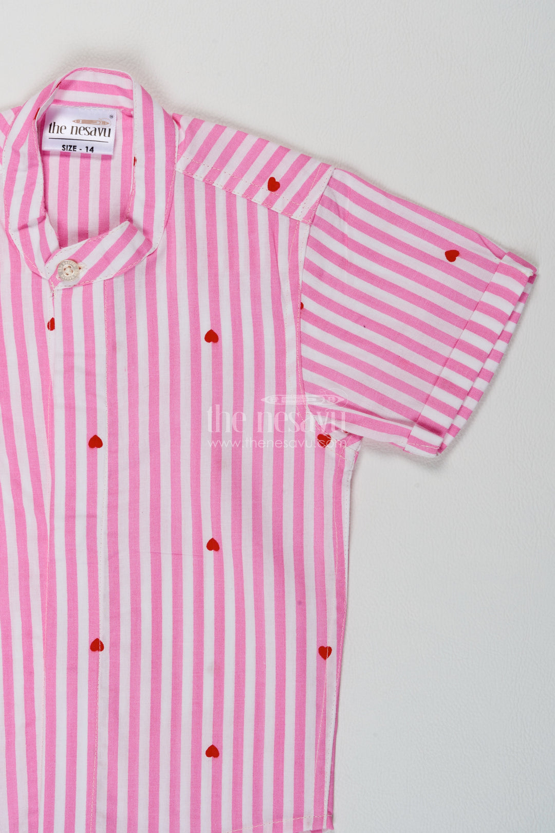 Boys Cotton Shirt in Pink with Red Heart Stripes