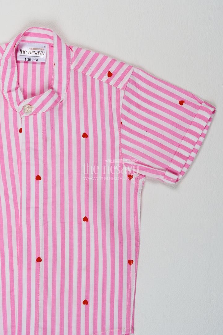 Boys Cotton Shirt in Pink with Red Heart Stripes