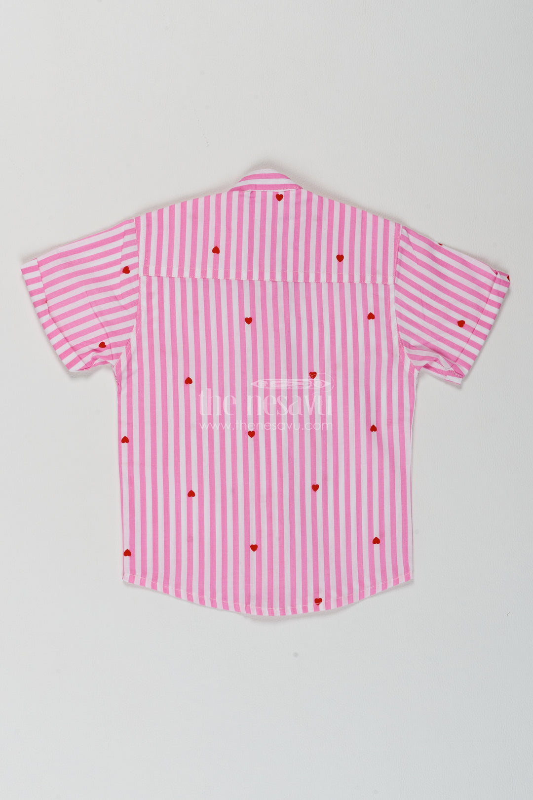 Boys Cotton Shirt in Pink with Red Heart Stripes