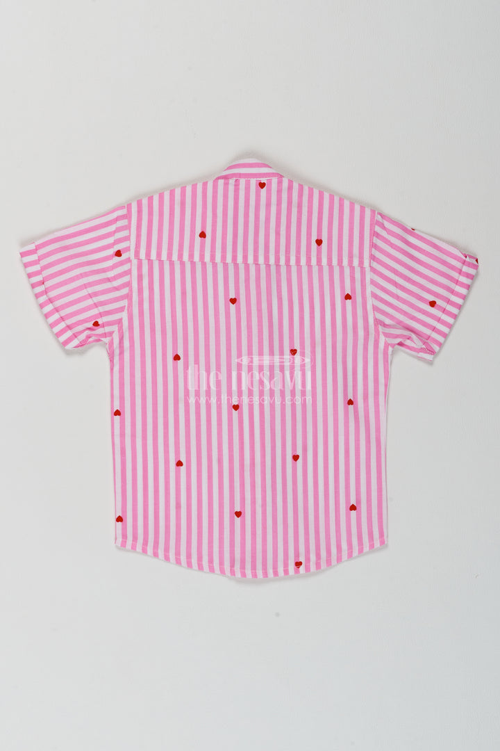 Boys Cotton Shirt in Pink with Red Heart Stripes