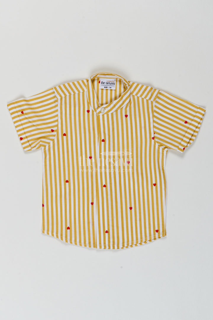 Boys Mustard Cotton Heart Motif Stripes Shirt