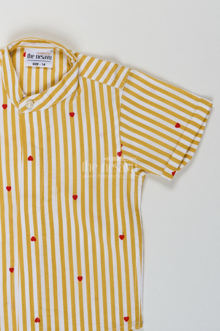 Boys Mustard Cotton Heart Motif Stripes Shirt