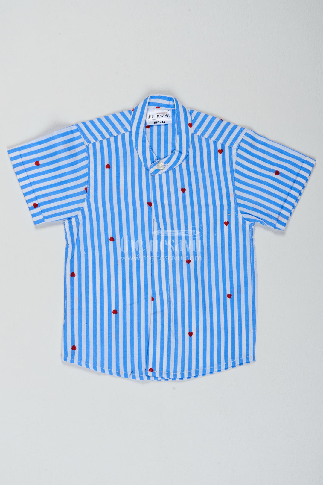Boys Blue Red Heart Stripe Cotton Shirt