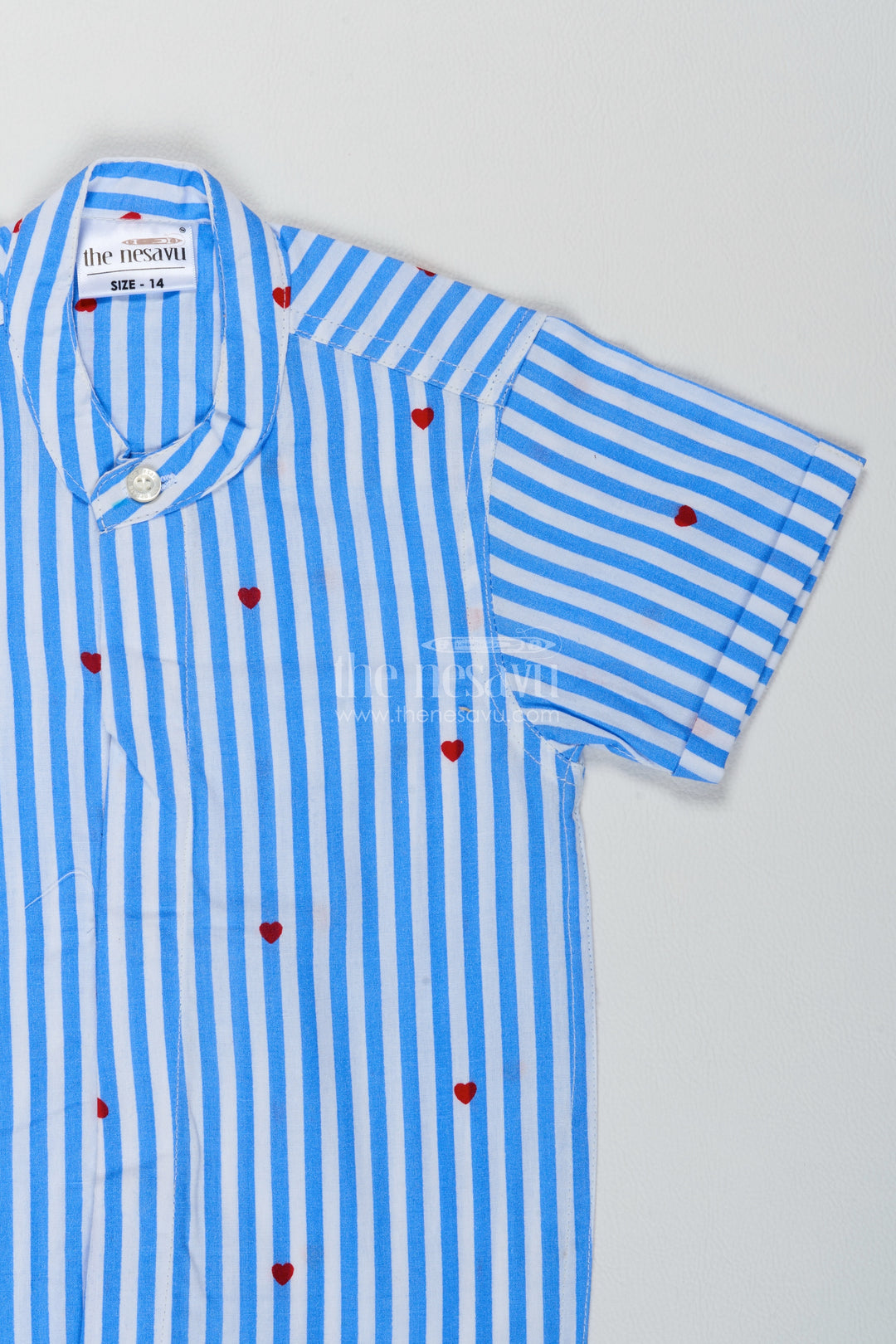 Boys Blue Red Heart Stripe Cotton Shirt