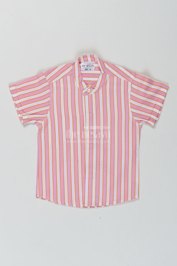 Boys Cotton Shirt in Peach with Lilac Banded Stripes