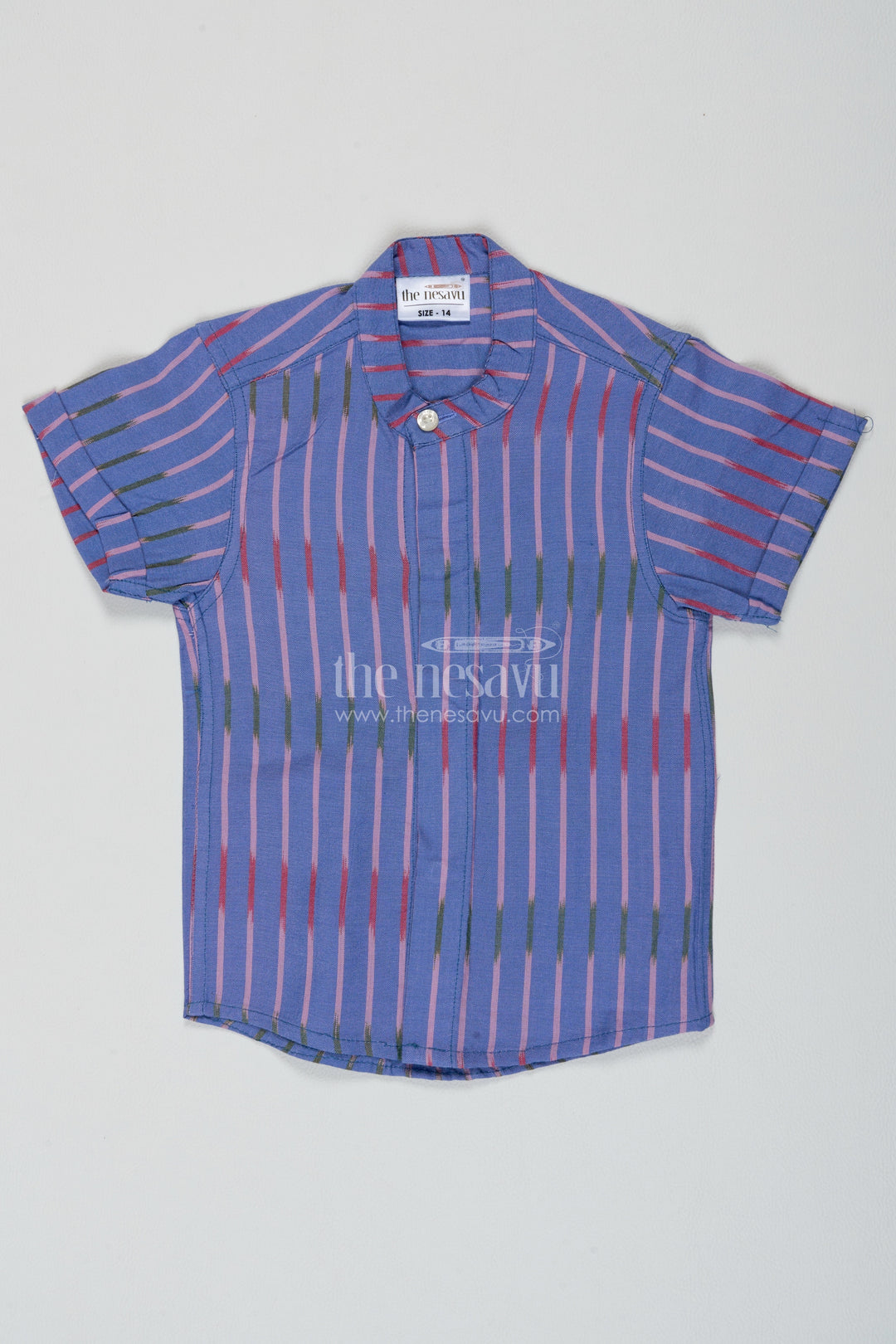 Boys Cotton Shirt in Blue with Pink Line Stripes