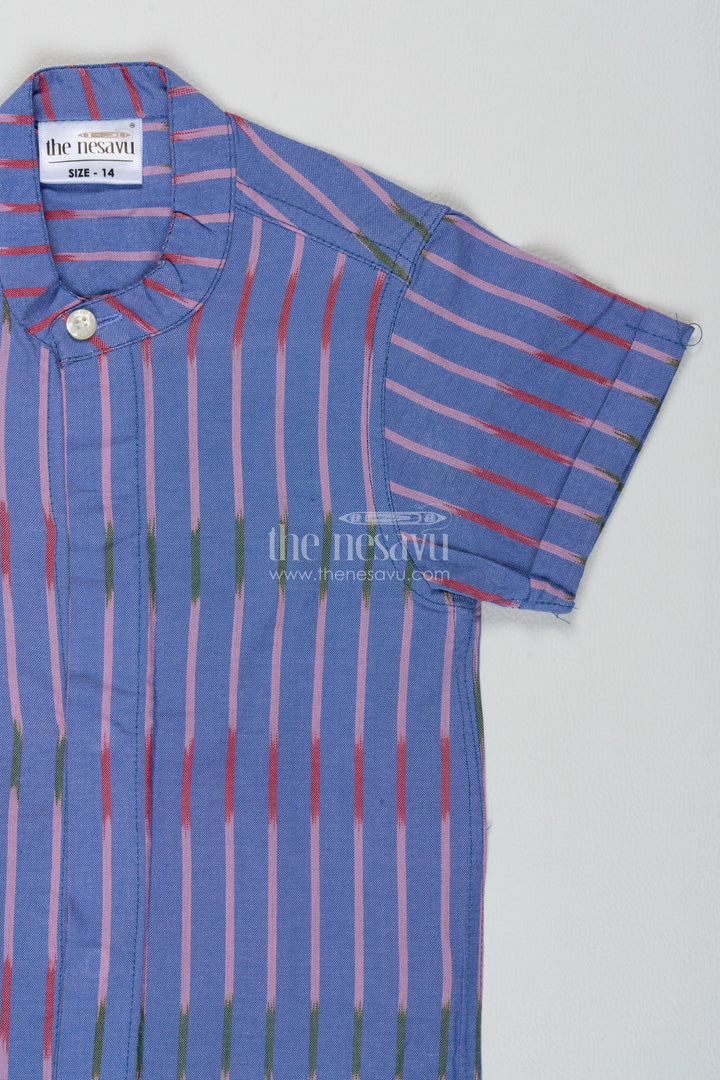 Boys Cotton Shirt in Blue with Pink Line Stripes