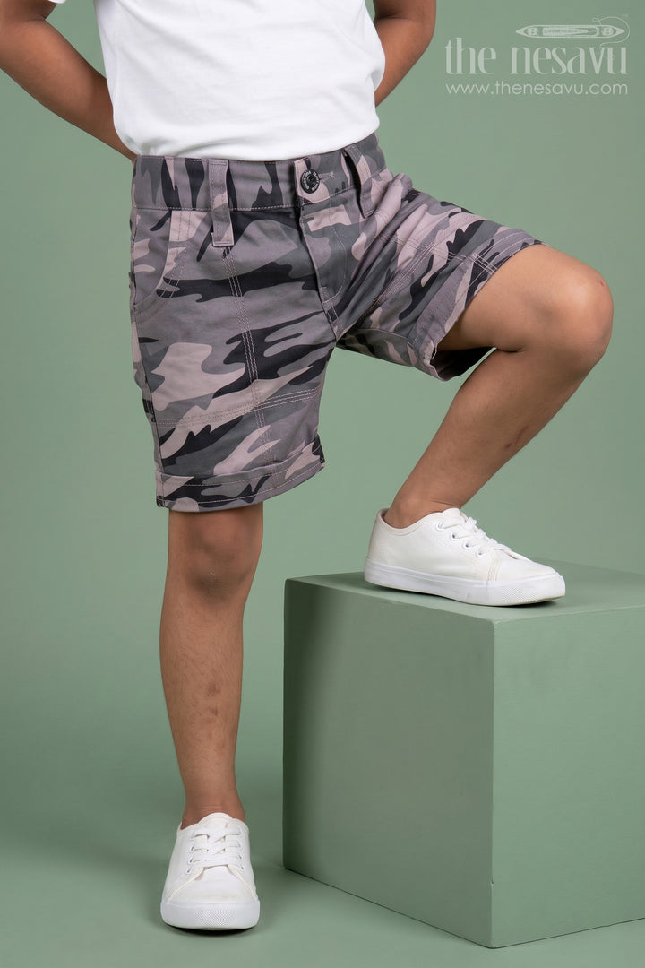The Nesavu Grey Camouflage Cotton Cargo Boys Shorts