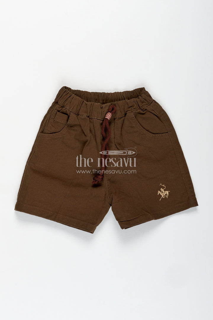 Boys Brown Cotton Shorts with Drawstring Waist and Embroidery in Brown Short Shorts Style