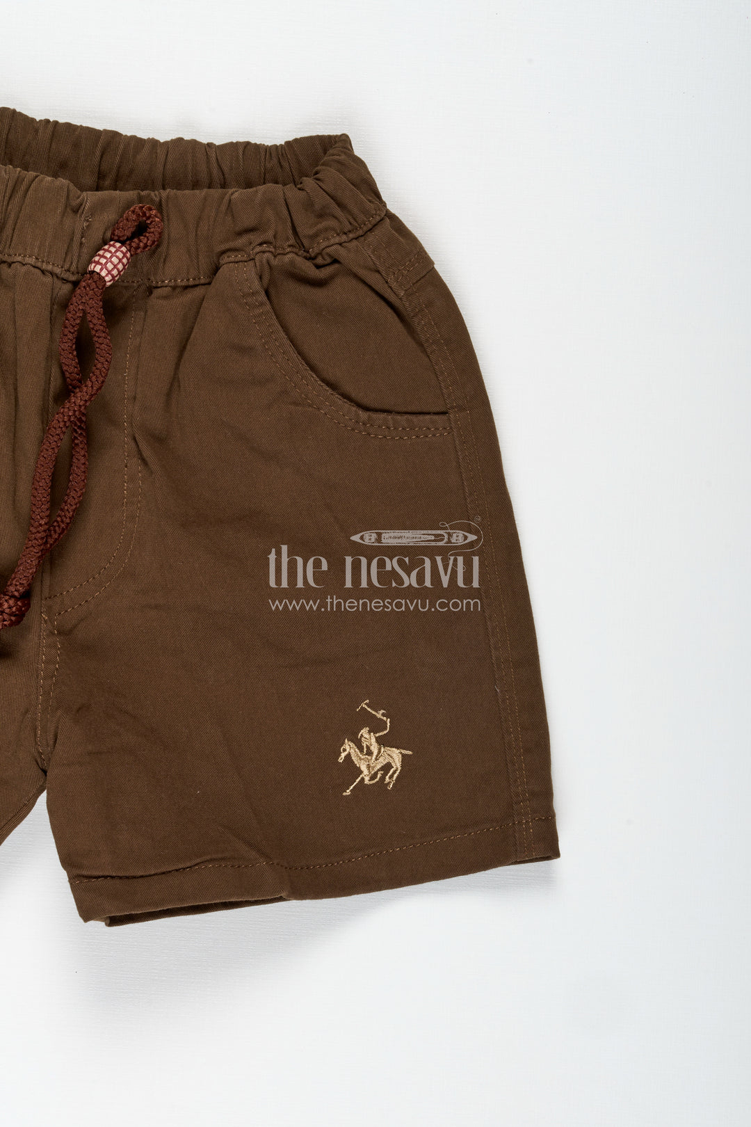 Boys Brown Cotton Shorts with Drawstring Waist and Embroidery in Brown Short Shorts Style