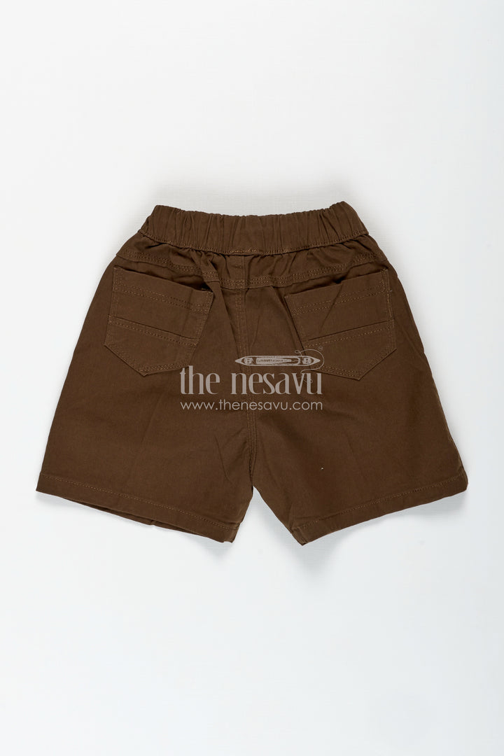 Boys Brown Cotton Shorts with Drawstring Waist and Embroidery in Brown Short Shorts Style