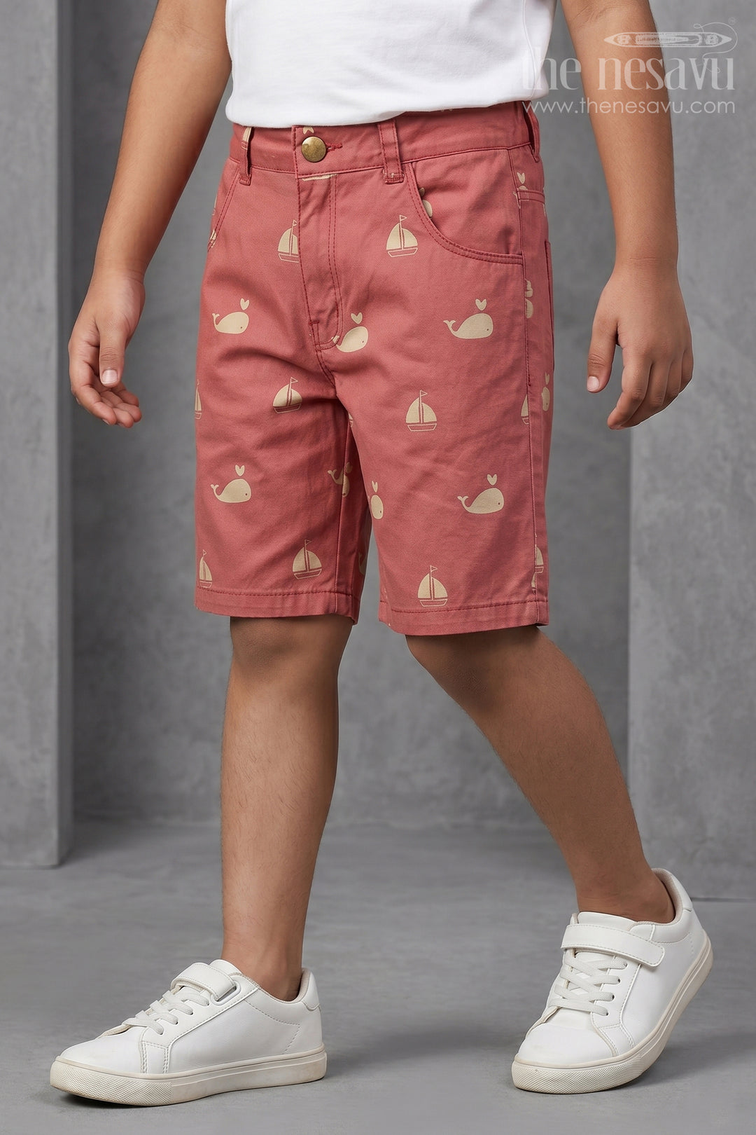 Casual Cycling Shorts for Boys in Red Cotton with Yellow Whale and Boat Digital Print