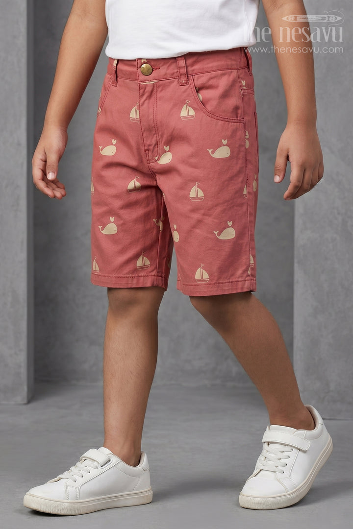 Casual Cycling Shorts for Boys in Red Cotton with Yellow Whale and Boat Digital Print