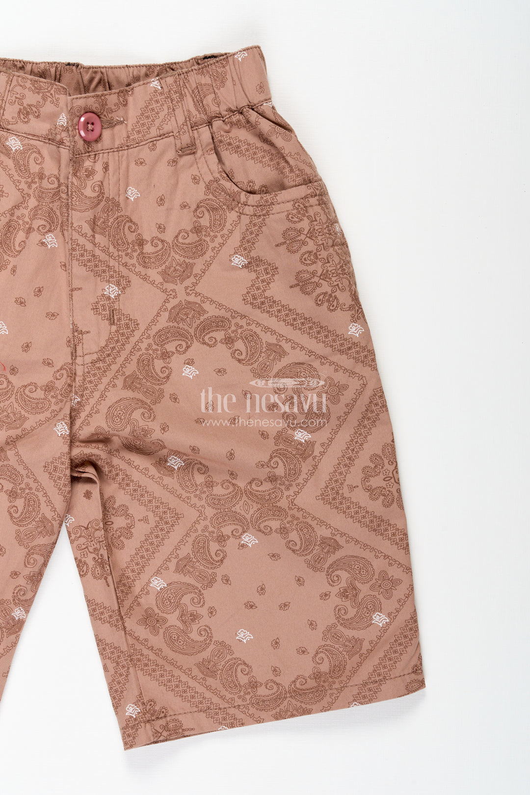 Boys Digital Printed Shorts in Peach Cotton Blend with Relaxed Fit and Contemporary Style