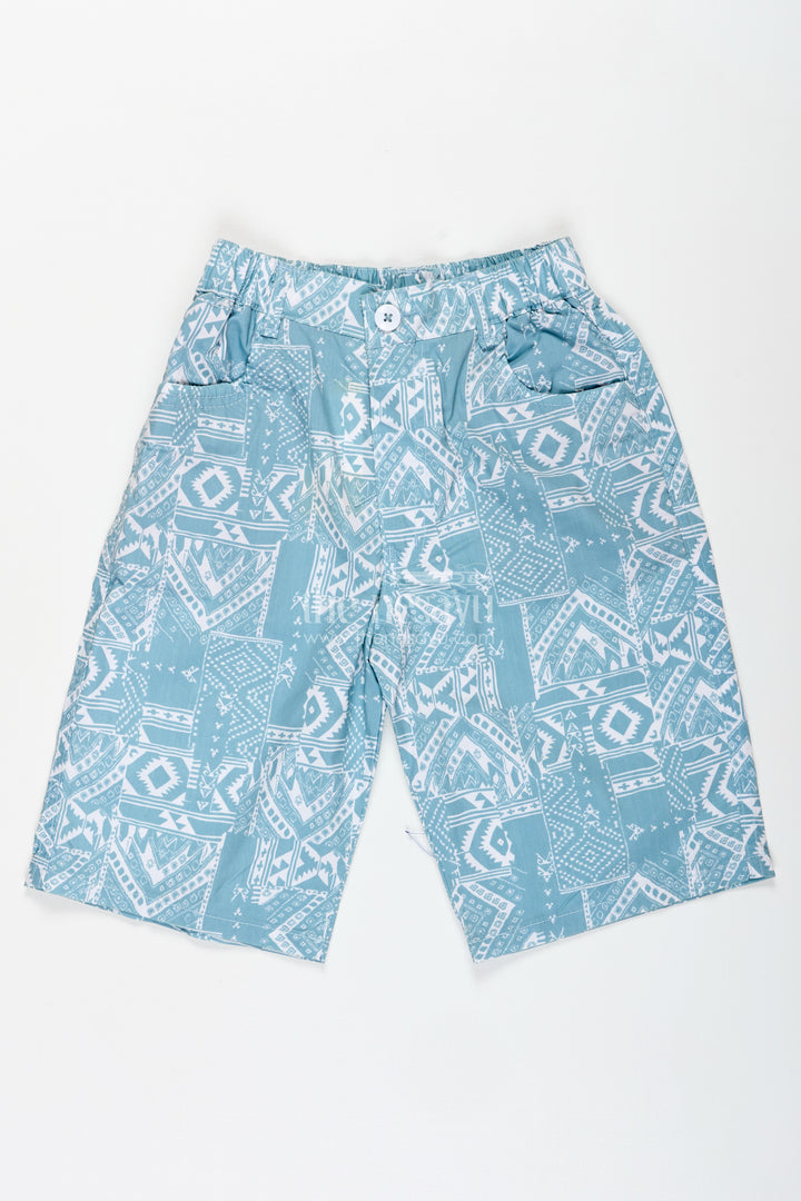 Boys Digital Printed Shorts in Blue with Soft Cotton Blend and Unique All Over Print Design