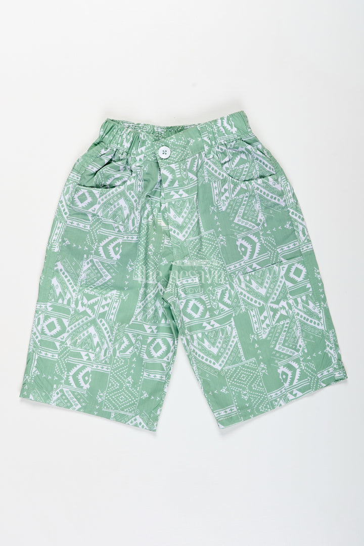 Boys Digital Printed Shorts in Green Cotton Blend with Playful Prints and Comfortable Fit