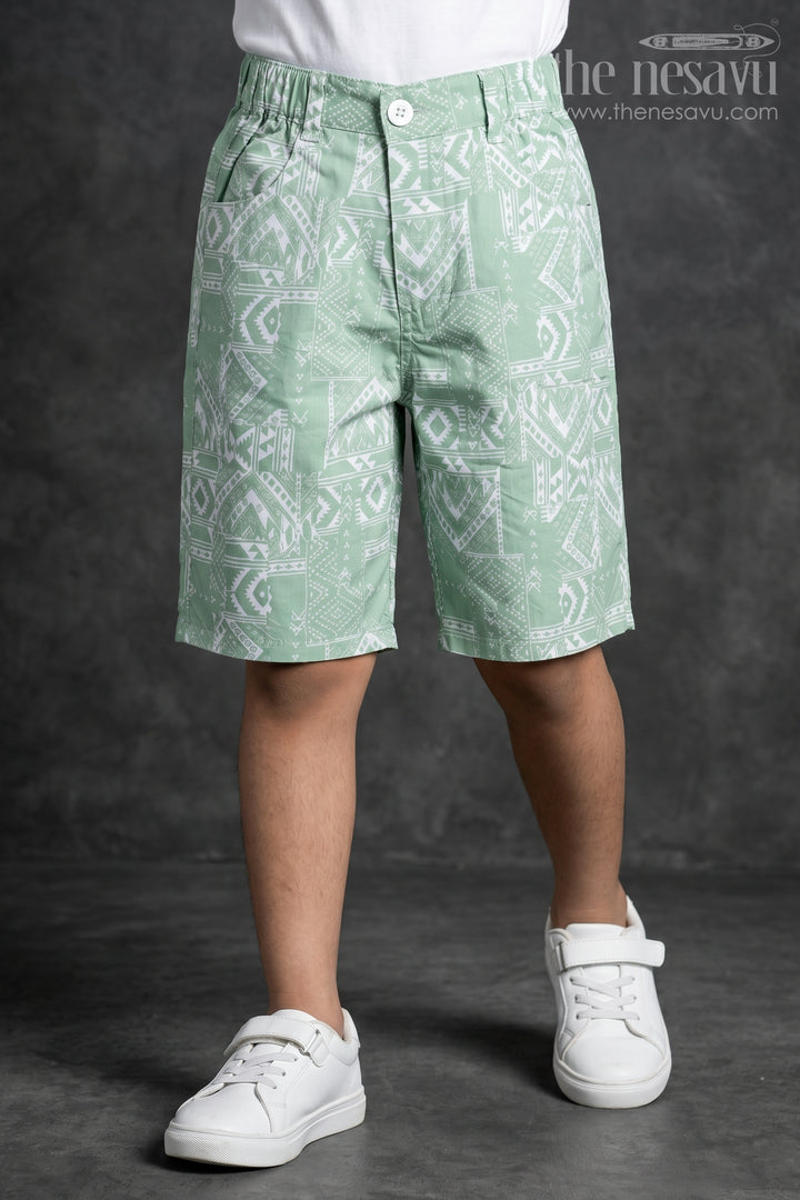 Boys Digital Printed Shorts in Green Cotton Blend with Playful Prints and Comfortable Fit