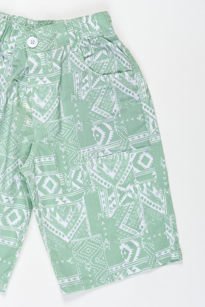 Boys Digital Printed Shorts in Green Cotton Blend with Playful Prints and Comfortable Fit