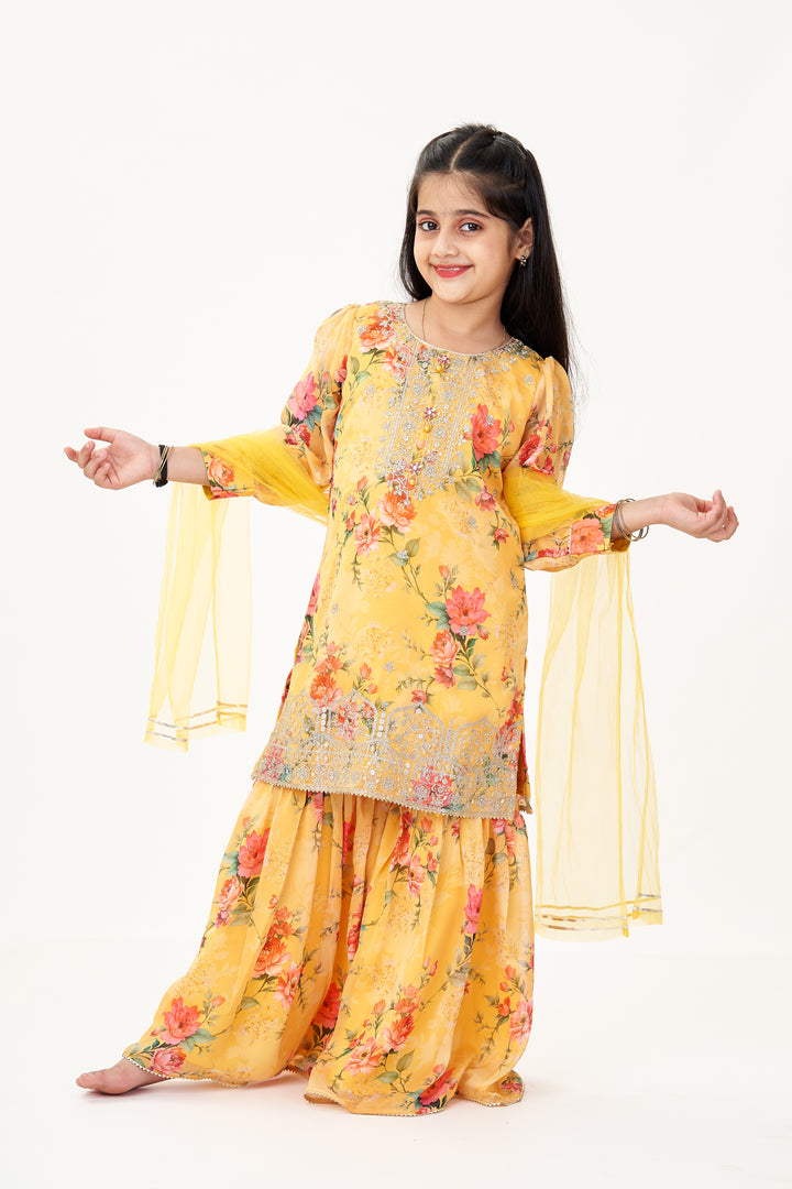 Crepe Sharara Set for Girls in Yellow with Floral Digital Print and Sequins Embroidery