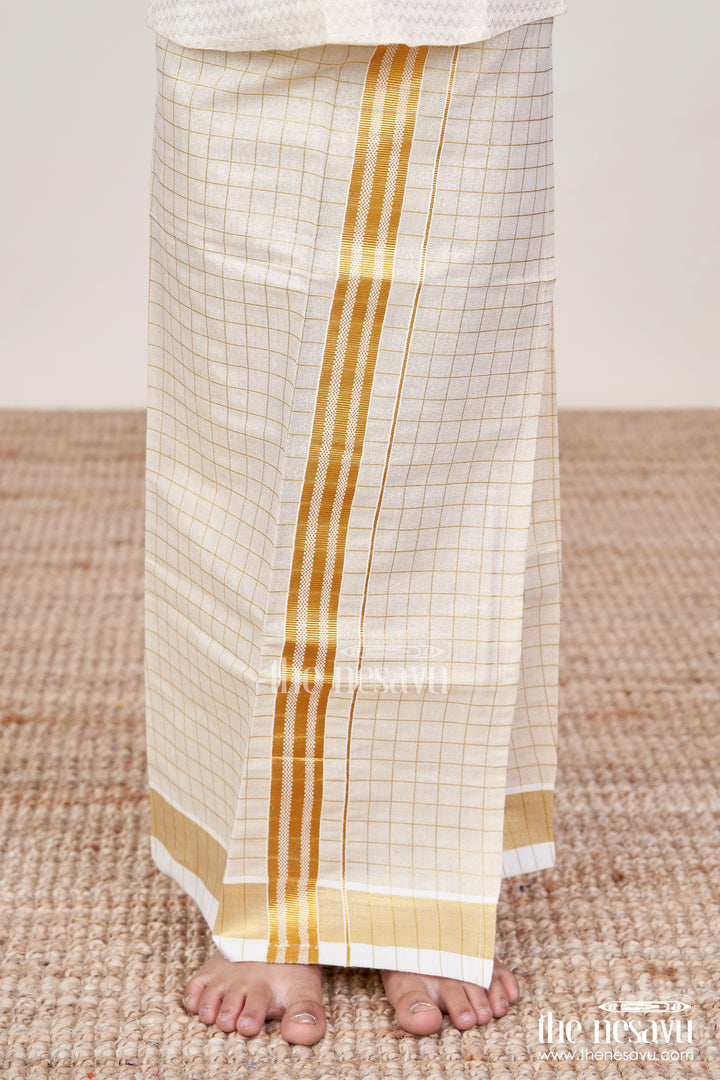 Boys Tissue Dhoti with Checked Design and Double Zari Border in Elegant Dhoti Suit Style
