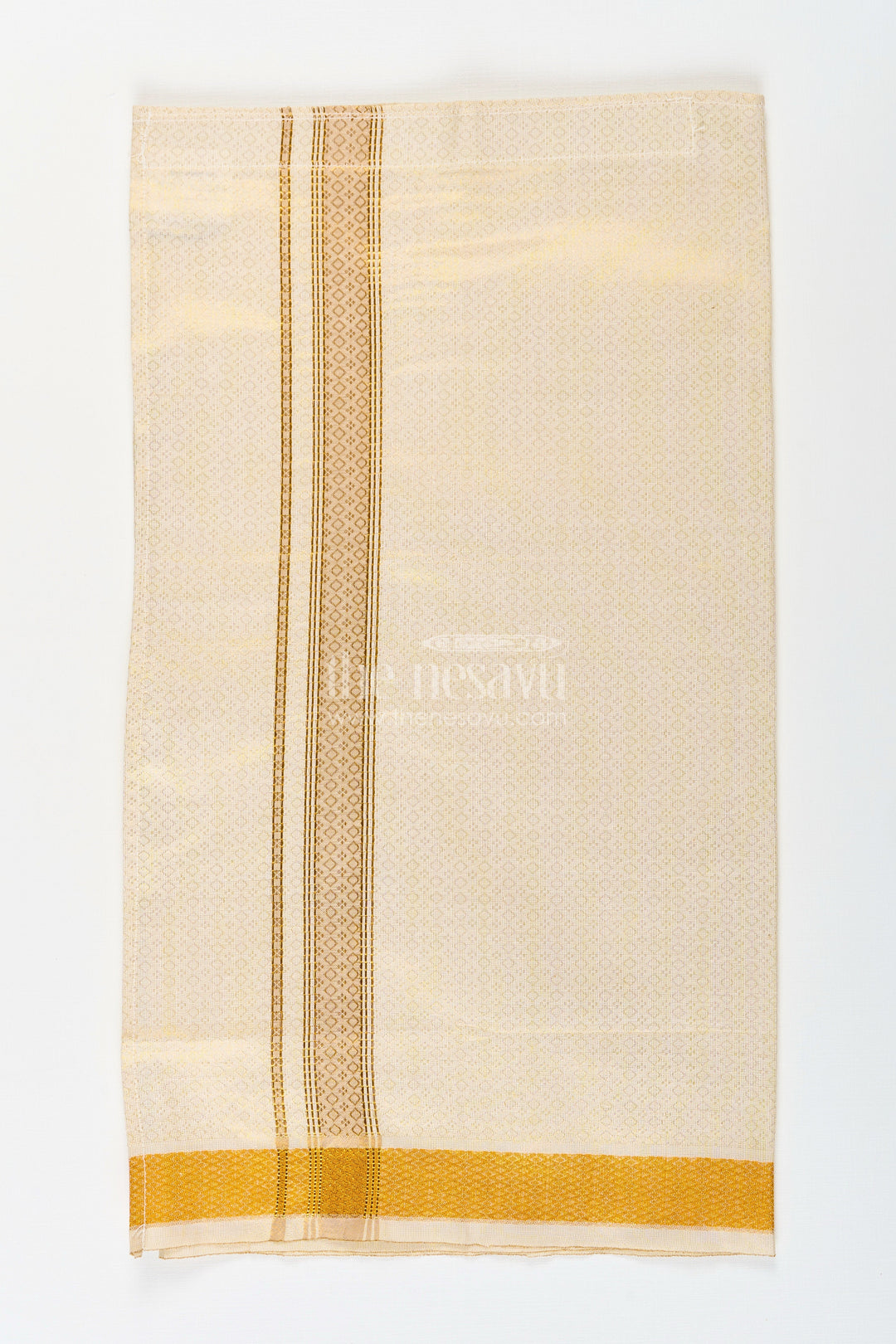 Boys Tissue Dhoti with Embossed Zari Border in Golden Finish for a Traditional Dhoti Look