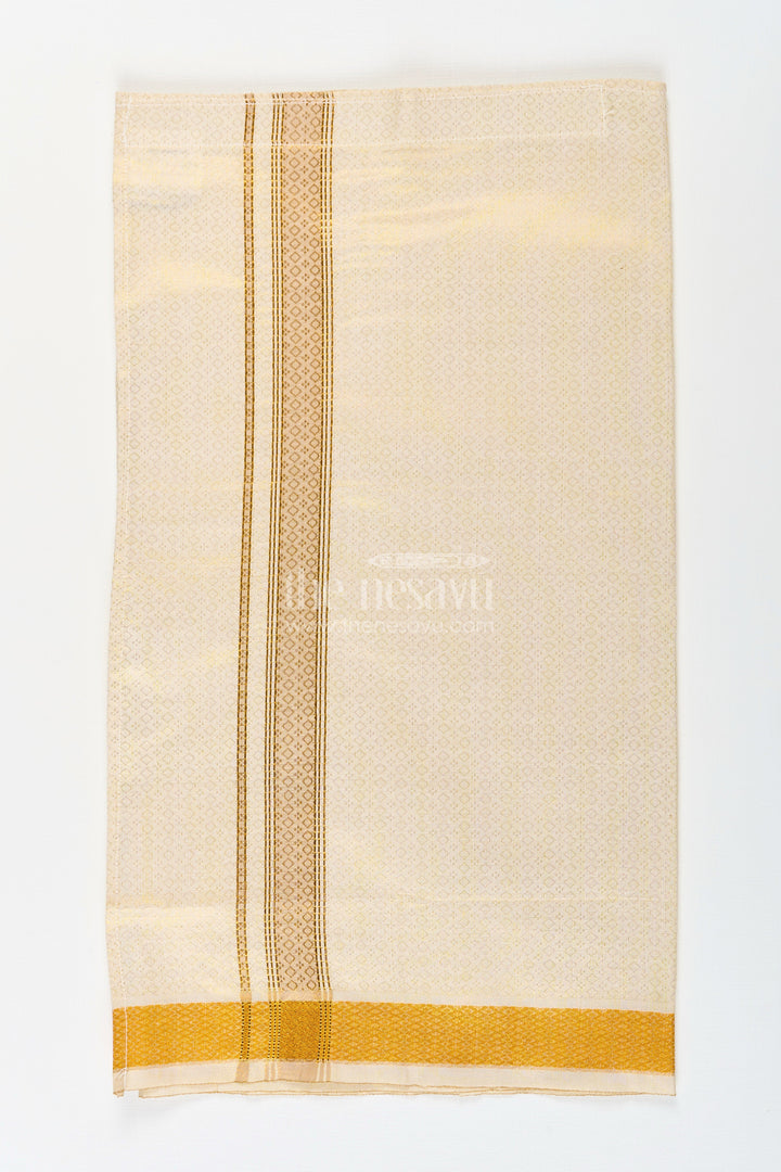 Boys Tissue Dhoti with Embossed Zari Border in Golden Finish for a Traditional Dhoti Look