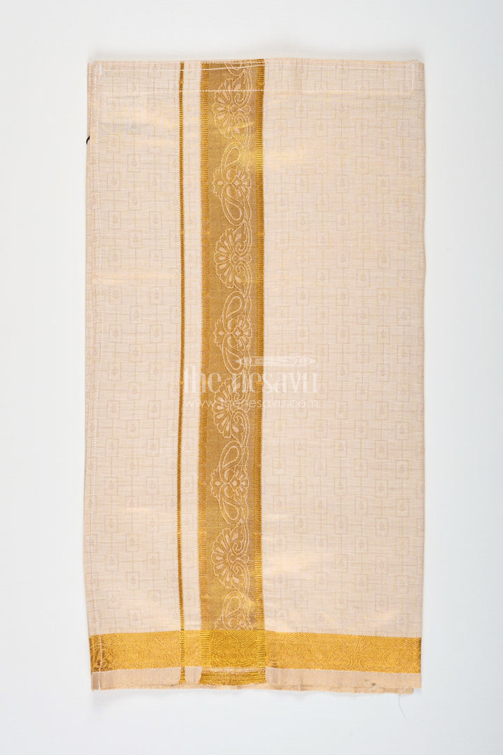 Boys Traditional Tissue Dhoti with Paisley Zari Border for Graceful Simplicity in Simple Dhoti Style