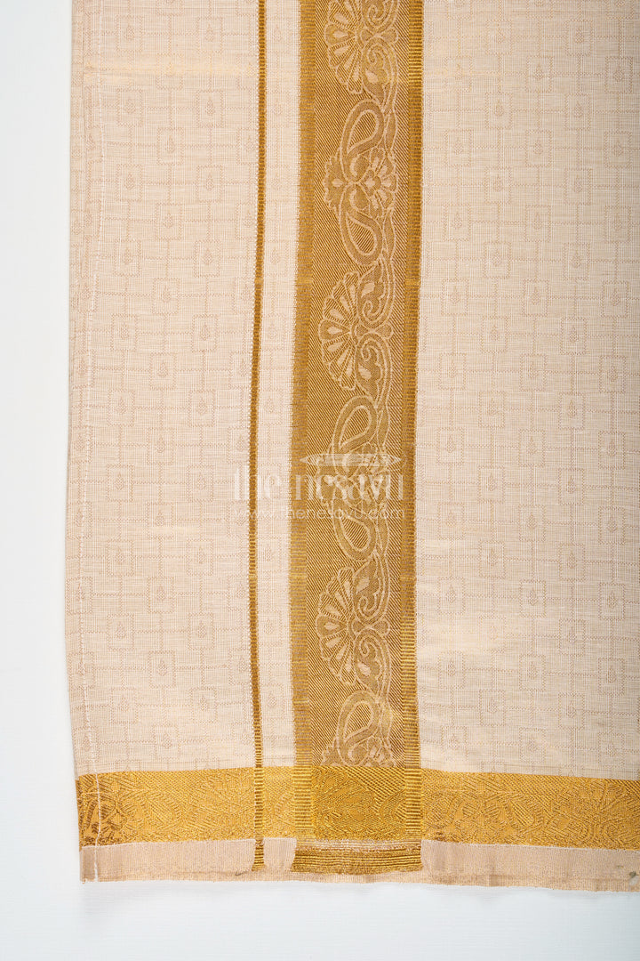 Boys Traditional Tissue Dhoti with Paisley Zari Border for Graceful Simplicity in Simple Dhoti Style