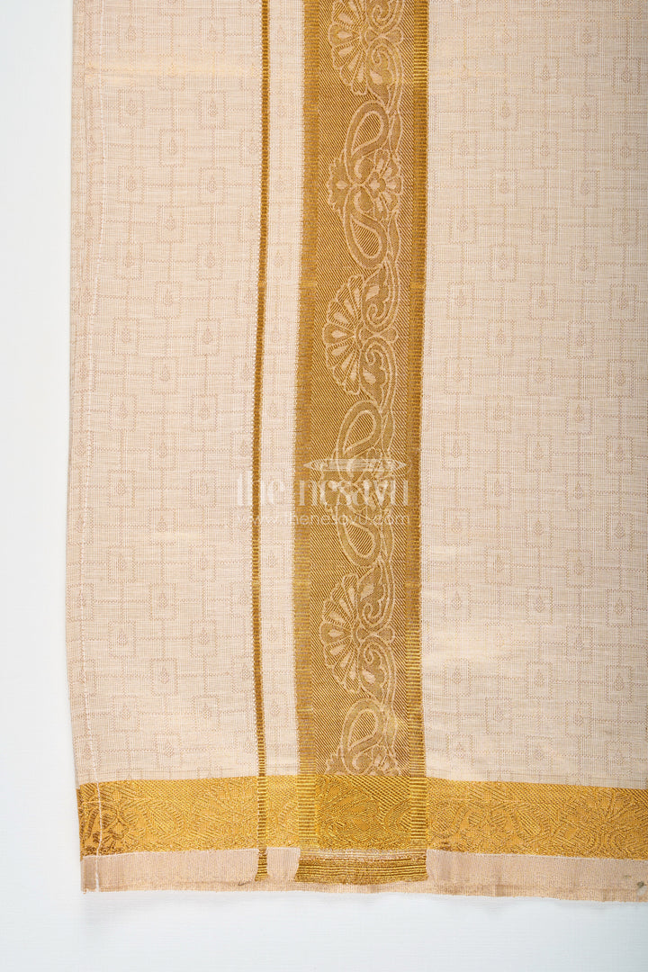 Boys Traditional Tissue Dhoti with Paisley Zari Border for Graceful Simplicity in Simple Dhoti Style