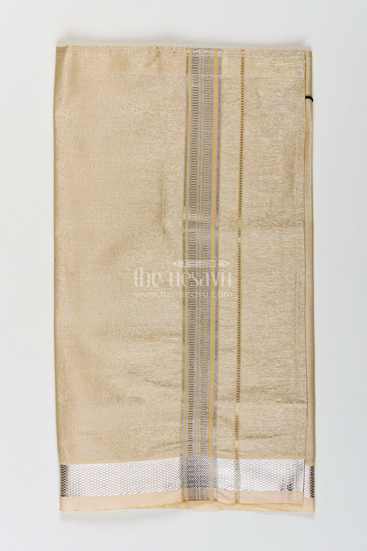 Boys Tissue Dhoti in Beige with Subtle Shine and Silver Border for Classic Dhoti Styling