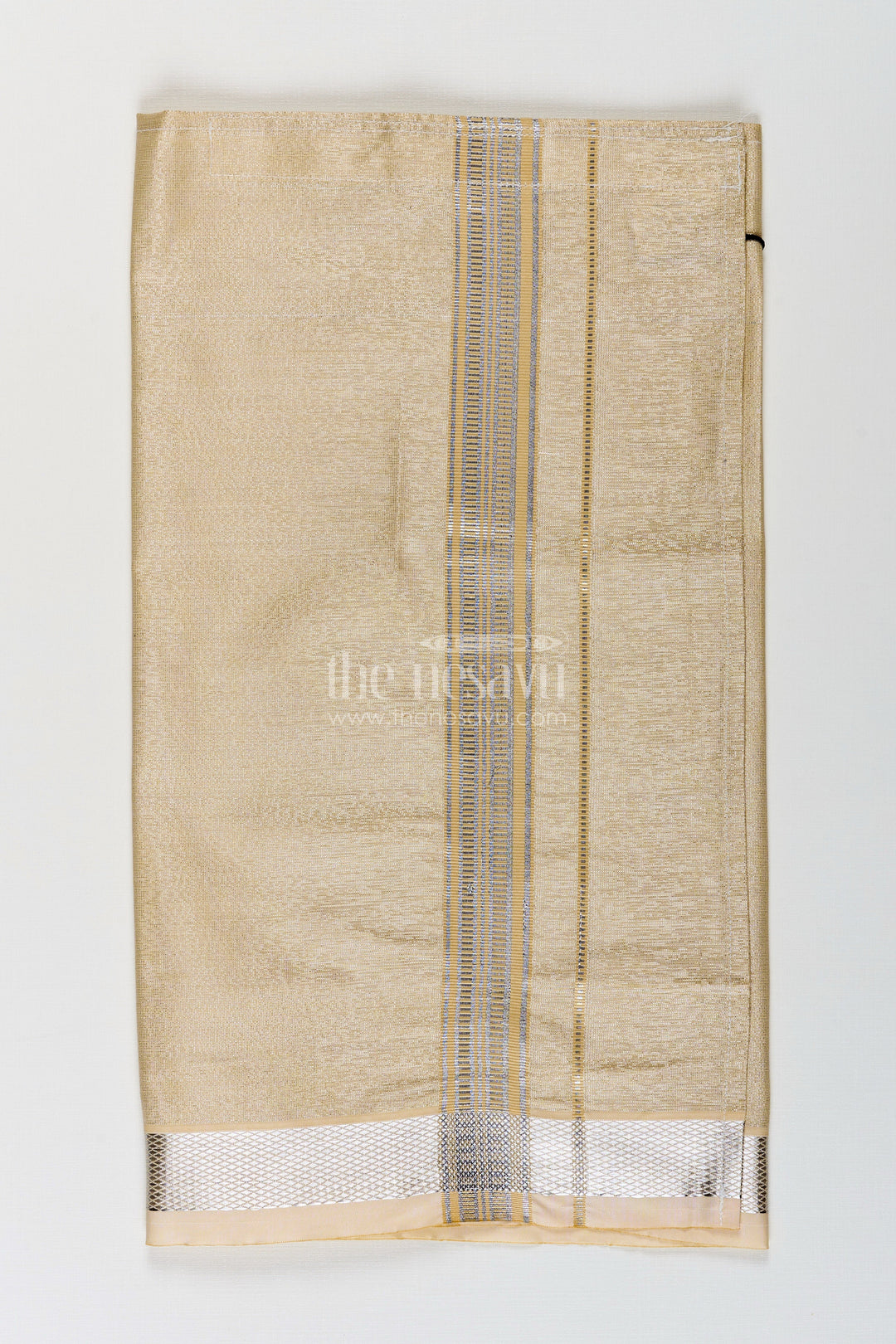 Boys Tissue Dhoti in Beige with Subtle Shine and Silver Border for Classic Dhoti Styling