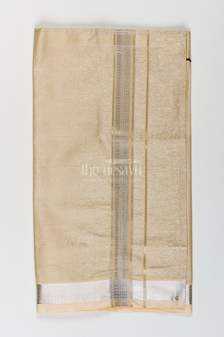 Boys Tissue Dhoti in Beige with Subtle Shine and Silver Border for Classic Dhoti Styling