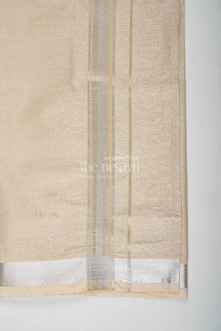 Boys Tissue Dhoti in Beige with Subtle Shine and Silver Border for Classic Dhoti Styling