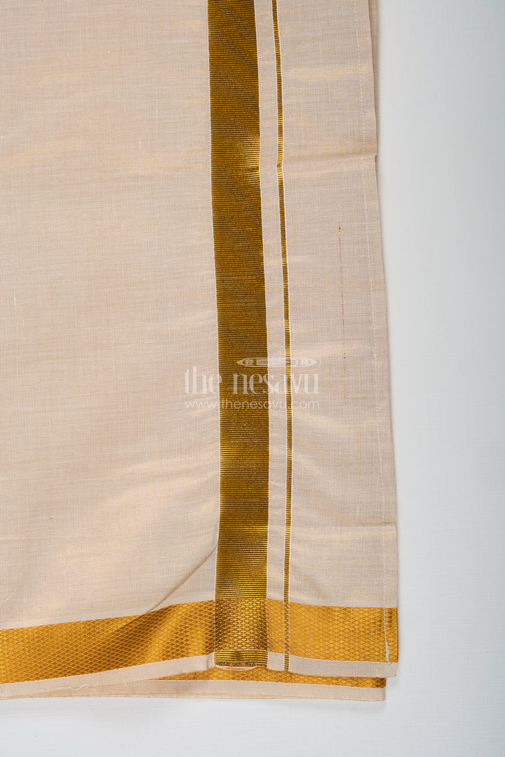 Boys Tissue Dhoti in Ivory with Golden Border for Stylish Festive Occasions in Fashion Dhoti Look